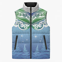 Aotearoa New Zealand New Year Sleeveless Puffer Jacket Maori Motifs with Silver Fern and Matariki Stars