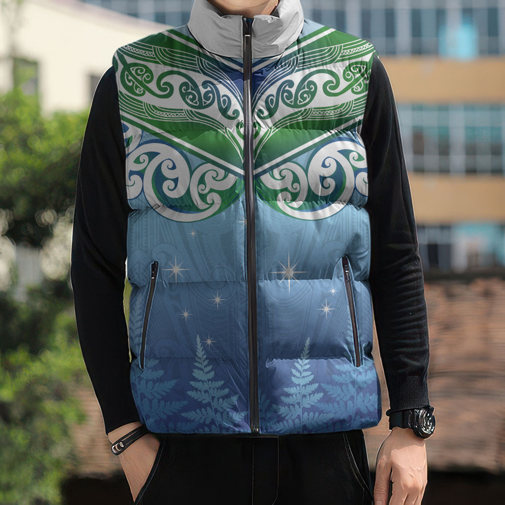 Aotearoa New Zealand New Year Sleeveless Puffer Jacket Maori Motifs with Silver Fern and Matariki Stars