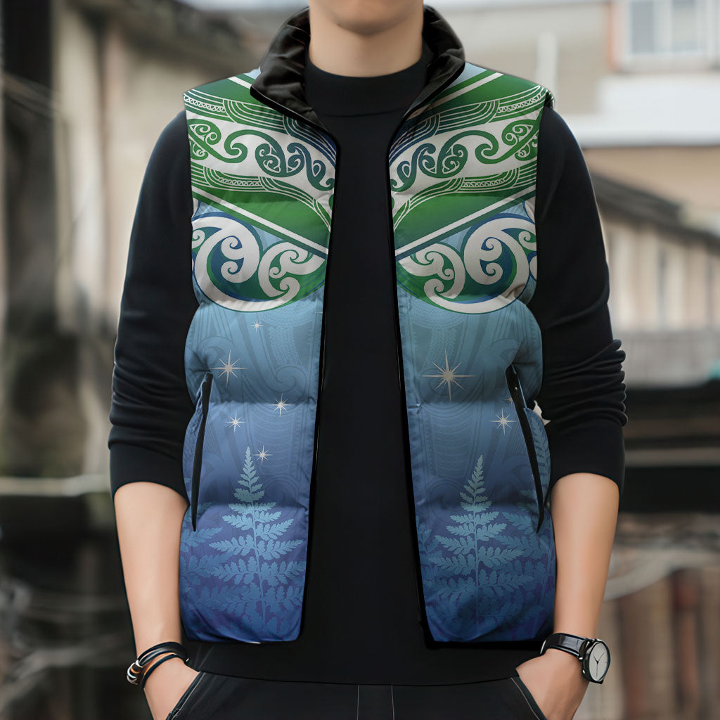 Aotearoa New Zealand New Year Sleeveless Puffer Jacket Maori Motifs with Silver Fern and Matariki Stars