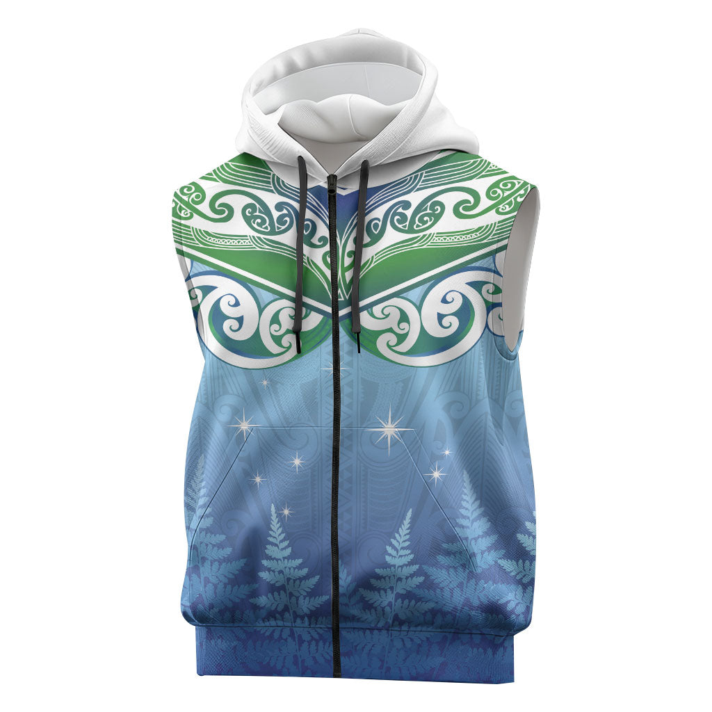 Aotearoa New Zealand New Year Sleeveless Zip Hoodie Maori Motifs with Silver Fern and Matariki Stars