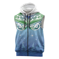 Aotearoa New Zealand New Year Sleeveless Zip Hoodie Maori Motifs with Silver Fern and Matariki Stars