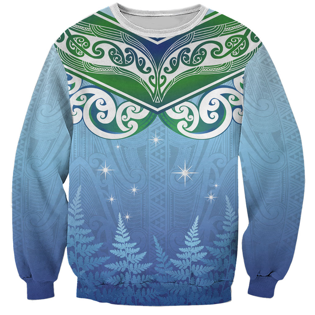 Aotearoa New Zealand New Year Sweatshirt Maori Motifs with Silver Fern and Matariki Stars