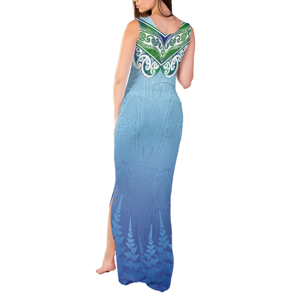 Aotearoa New Zealand New Year Tank Maxi Dress Maori Motifs with Silver Fern and Matariki Stars