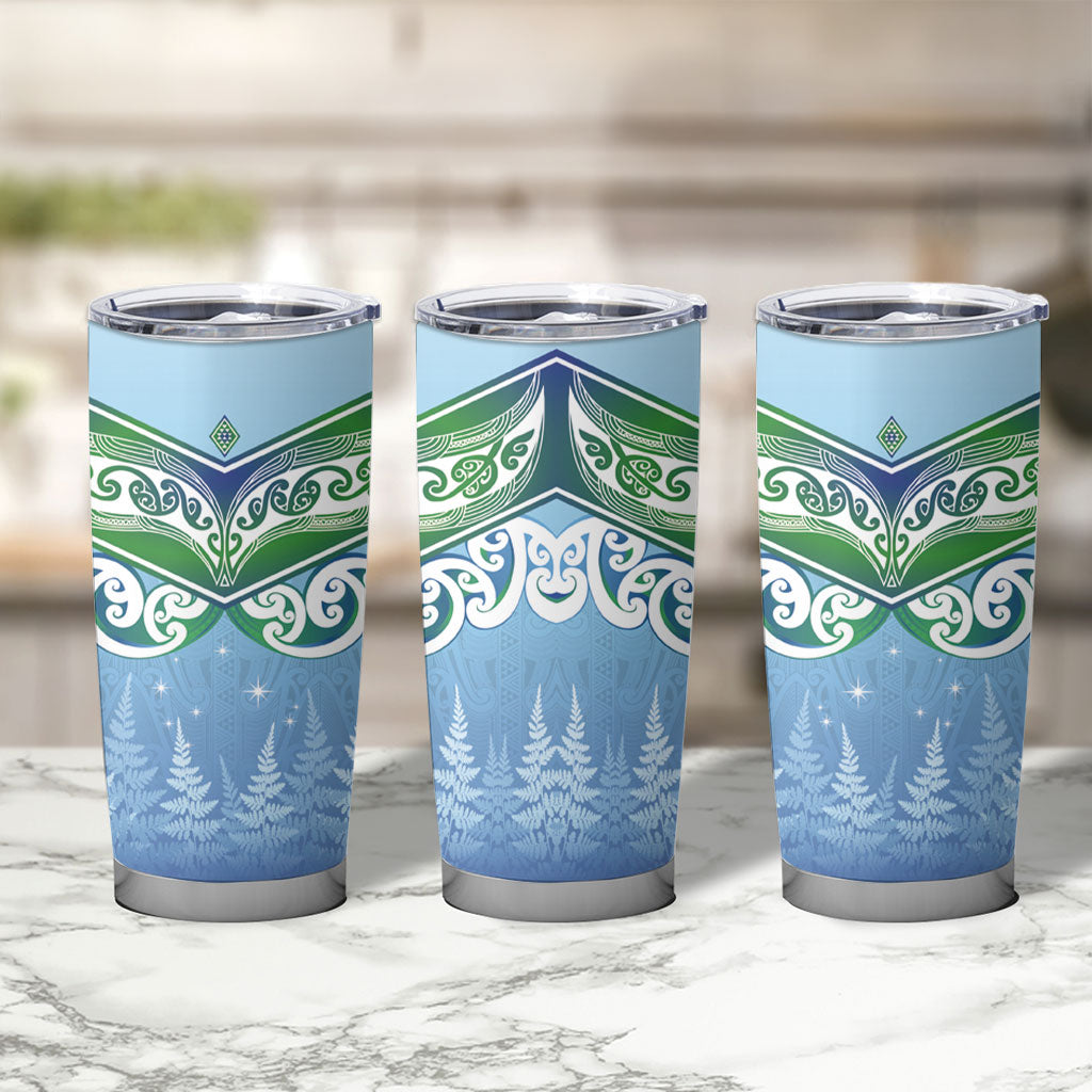 Aotearoa New Zealand New Year Tumbler Cup Maori Motifs with Silver Fern and Matariki Stars