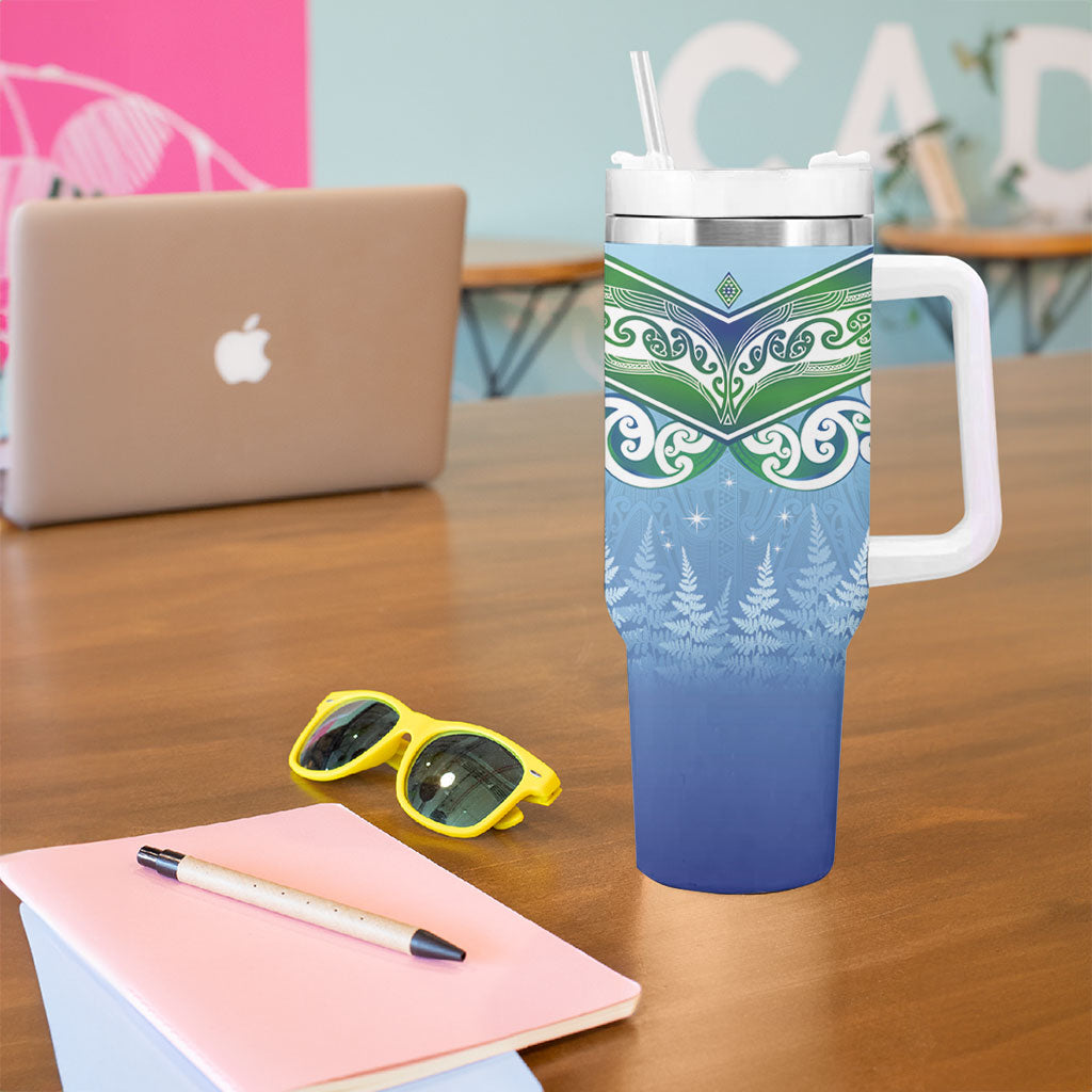 Aotearoa New Zealand New Year Tumbler With Handle Maori Motifs with Silver Fern and Matariki Stars