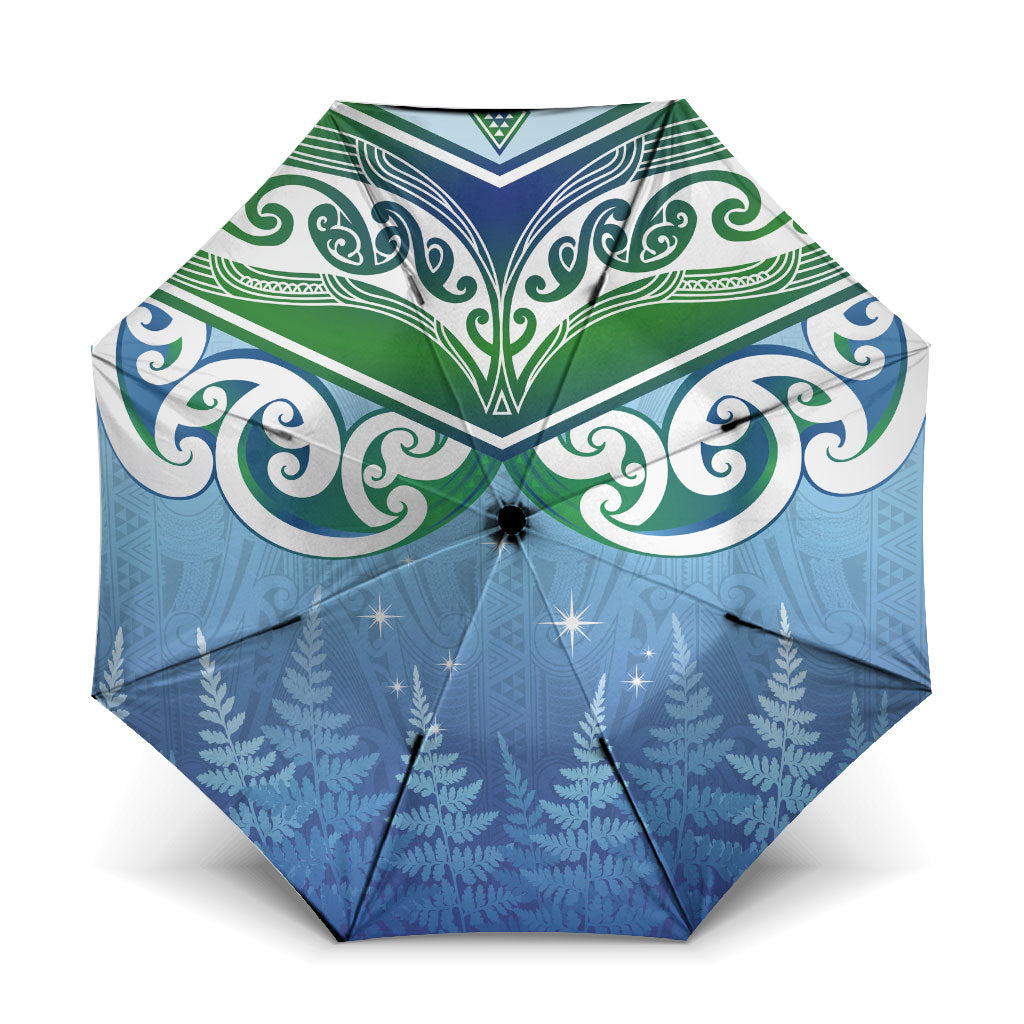 Aotearoa New Zealand New Year Umbrella Maori Motifs with Silver Fern and Matariki Stars