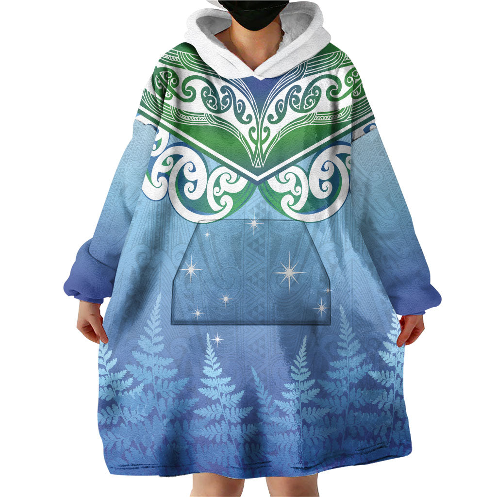Aotearoa New Zealand New Year Wearable Blanket Hoodie Maori Motifs with Silver Fern and Matariki Stars