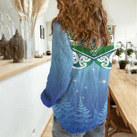 Aotearoa New Zealand New Year Women Casual Shirt Maori Motifs with Silver Fern and Matariki Stars