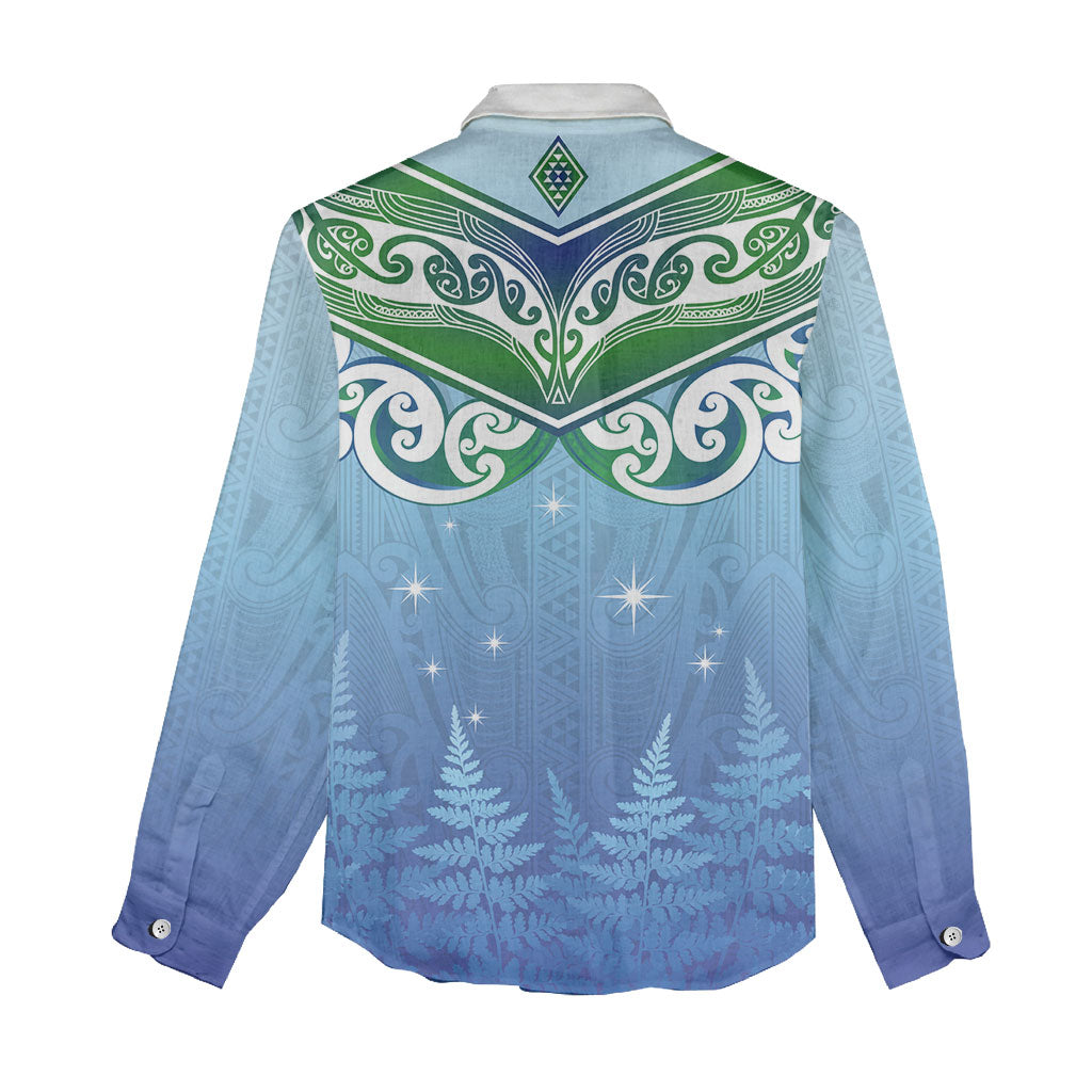 Aotearoa New Zealand New Year Women Casual Shirt Maori Motifs with Silver Fern and Matariki Stars
