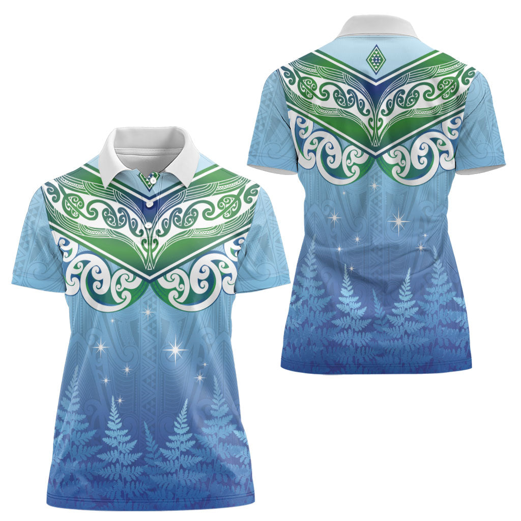 Aotearoa New Zealand New Year Women Polo Shirt Maori Motifs with Silver Fern and Matariki Stars