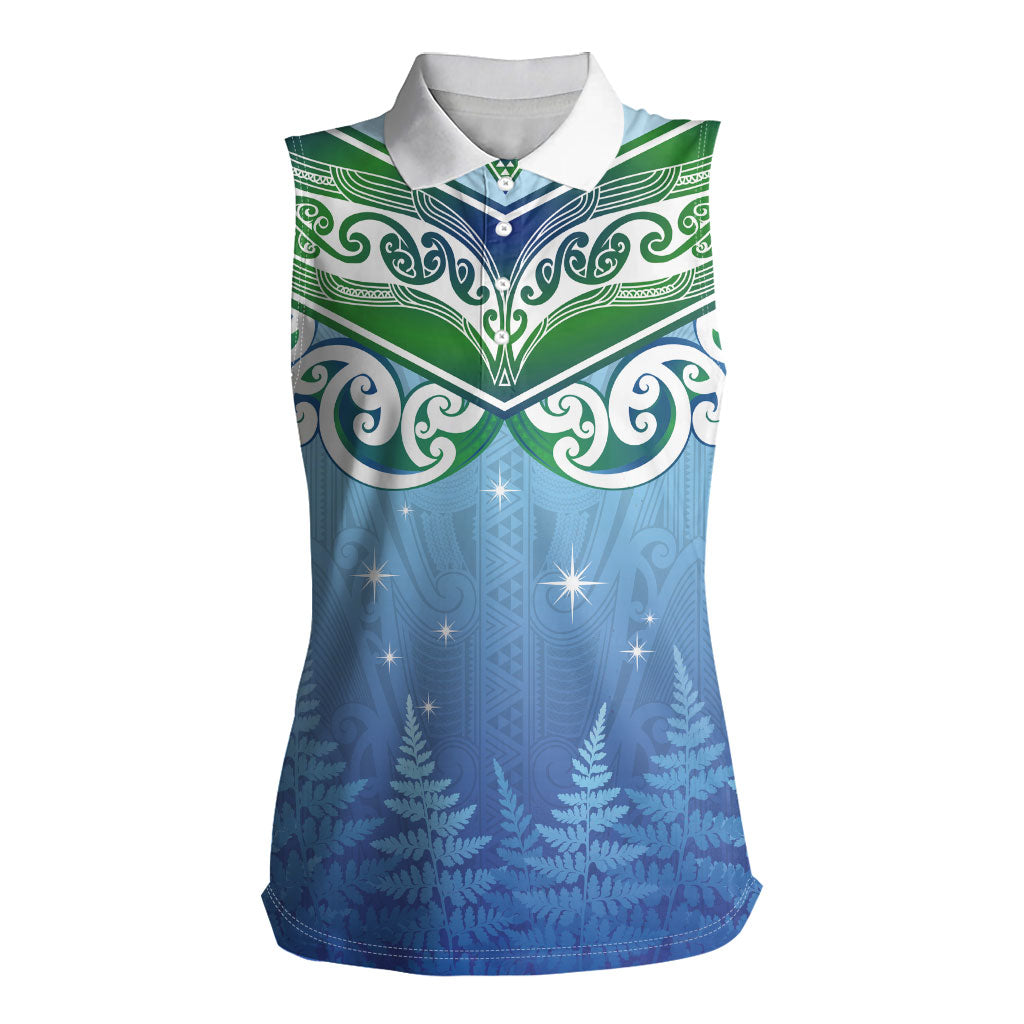 Aotearoa New Zealand New Year Women Sleeveless Polo Shirt Maori Motifs with Silver Fern and Matariki Stars LT03 Female Multicolor - Polynesian Pride