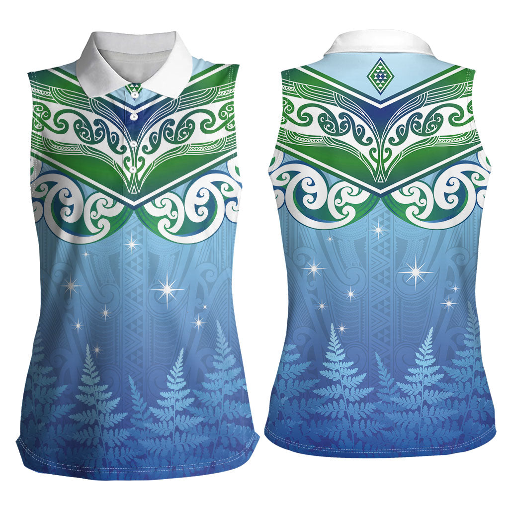 Aotearoa New Zealand New Year Women Sleeveless Polo Shirt Maori Motifs with Silver Fern and Matariki Stars LT03 - Polynesian Pride