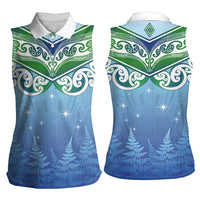 Aotearoa New Zealand New Year Women Sleeveless Polo Shirt Maori Motifs with Silver Fern and Matariki Stars LT03 - Polynesian Pride