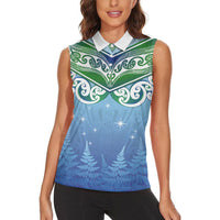 Aotearoa New Zealand New Year Women Sleeveless Polo Shirt Maori Motifs with Silver Fern and Matariki Stars LT03 - Polynesian Pride