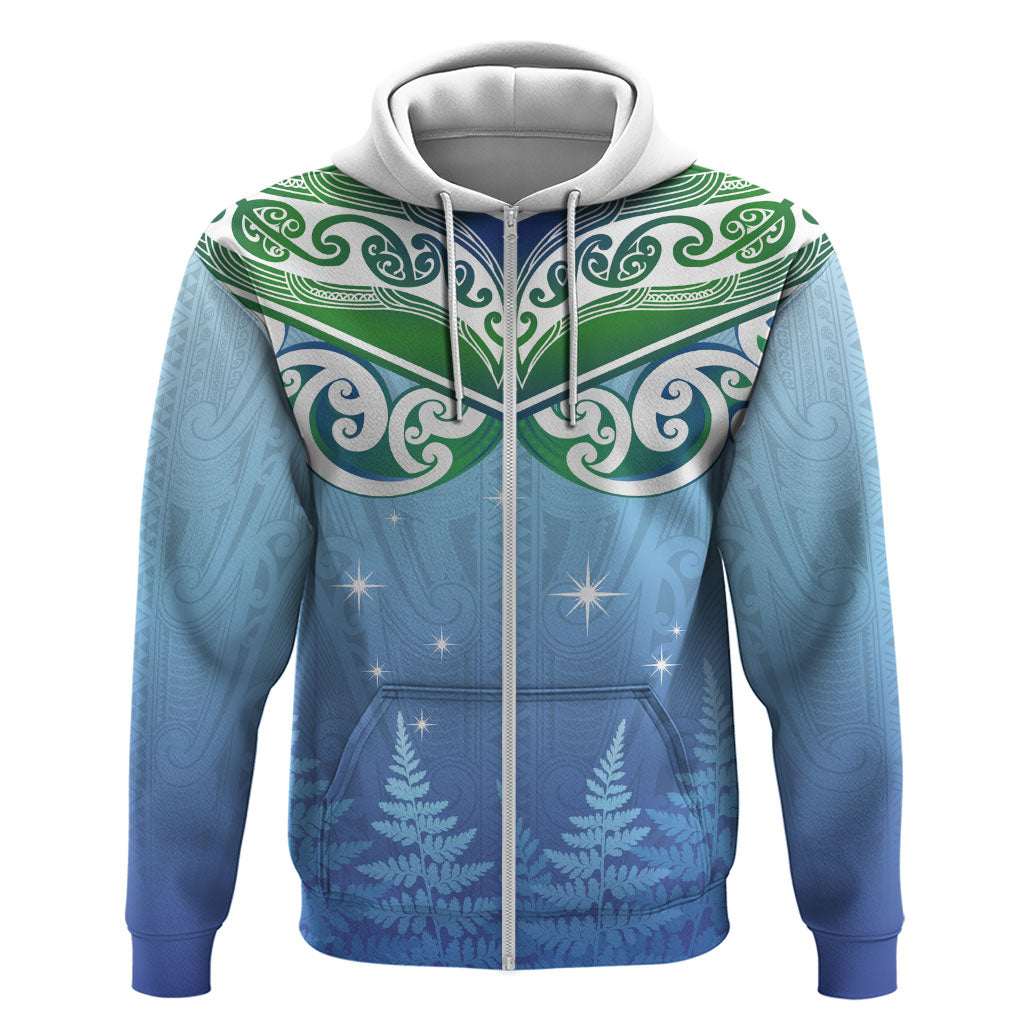 Aotearoa New Zealand New Year Zip Hoodie Maori Motifs with Silver Fern and Matariki Stars