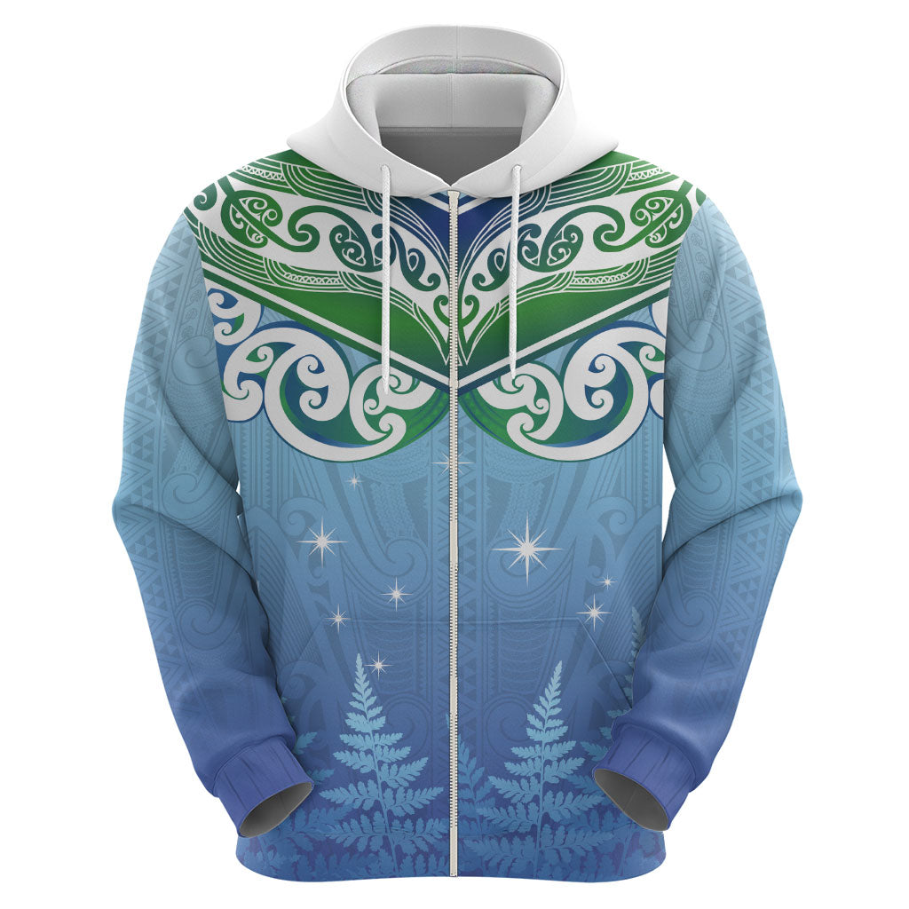 Aotearoa New Zealand New Year Zip Hoodie Maori Motifs with Silver Fern and Matariki Stars
