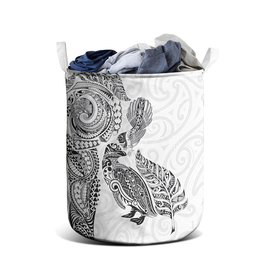 Aotearoa Moko Tribal Tattoo Laundry Basket New Zealand Maori Penguin and Fantail White Color