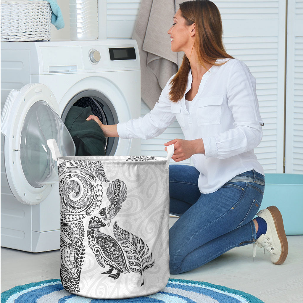 Aotearoa Moko Tribal Tattoo Laundry Basket New Zealand Maori Penguin and Fantail White Color