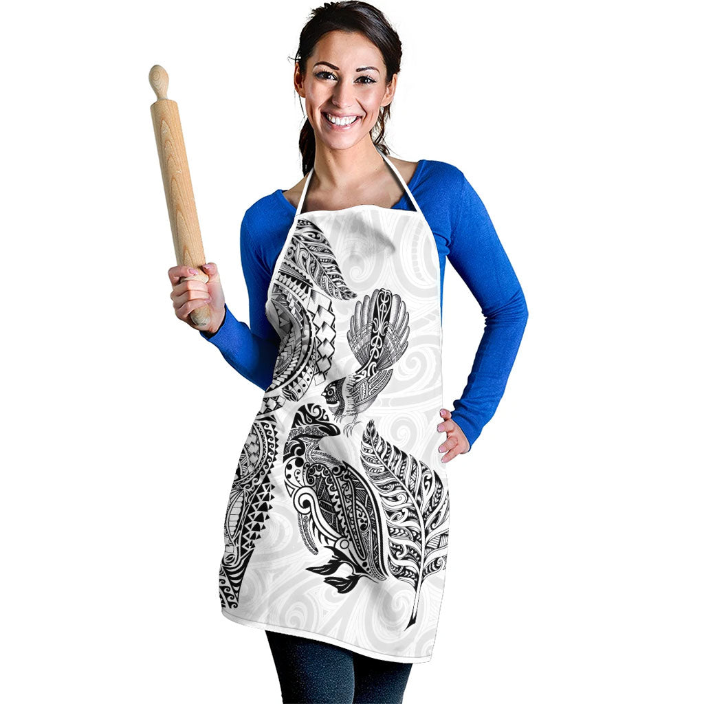 Aotearoa Moko Tribal Tattoo Apron New Zealand Maori Penguin and Fantail White Color