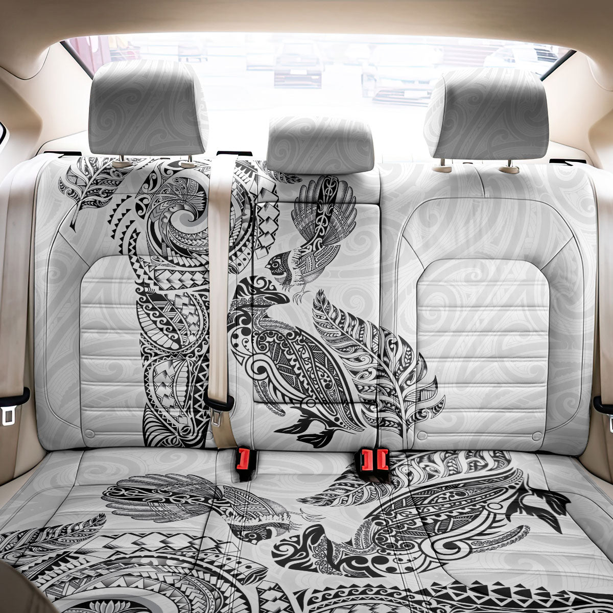 Aotearoa Moko Tribal Tattoo Back Car Seat Cover New Zealand Maori Penguin and Fantail White Color
