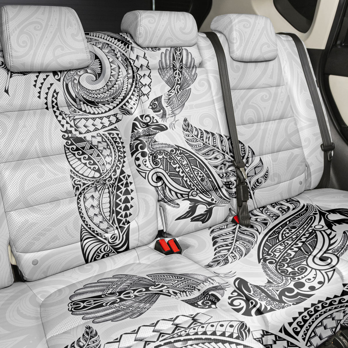 Aotearoa Moko Tribal Tattoo Back Car Seat Cover New Zealand Maori Penguin and Fantail White Color