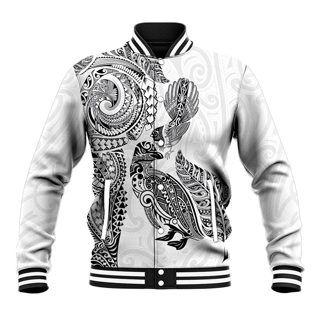 Aotearoa Moko Tribal Tattoo Baseball Jacket New Zealand Maori Penguin and Fantail White Color