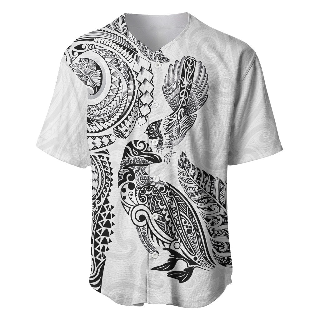 Aotearoa Moko Tribal Tattoo Baseball Jersey New Zealand Maori Penguin and Fantail White Color