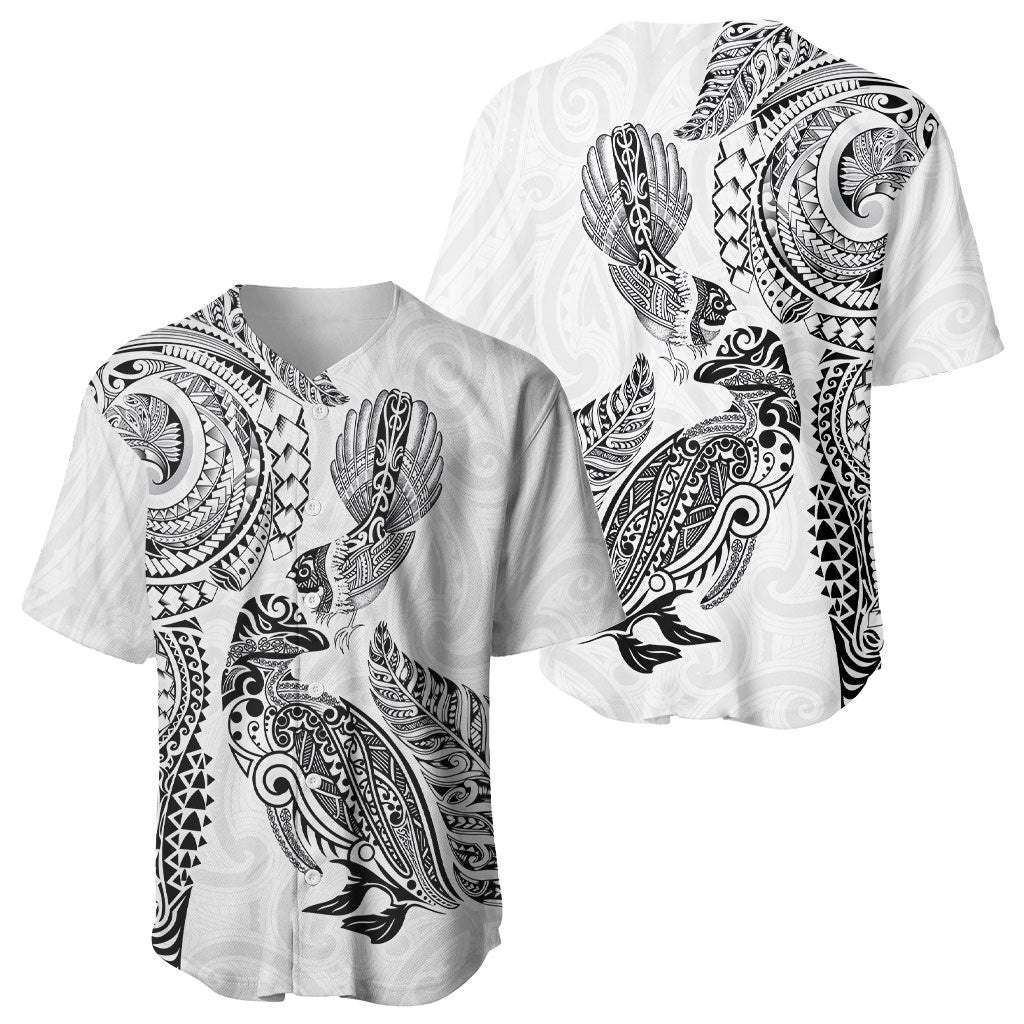 Aotearoa Moko Tribal Tattoo Baseball Jersey New Zealand Maori Penguin and Fantail White Color