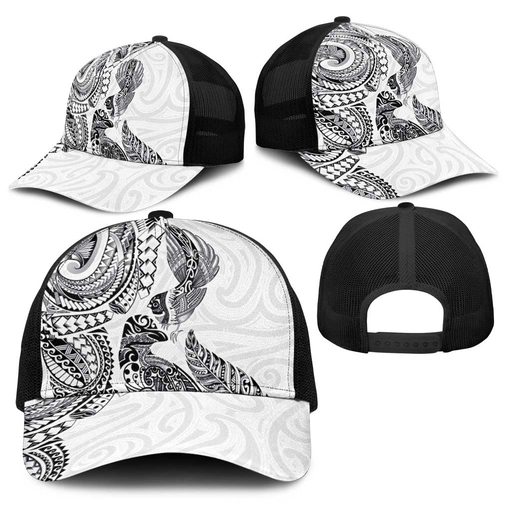 Aotearoa Moko Tribal Tattoo Baseball Net Cap New Zealand Maori Penguin and Fantail White Color