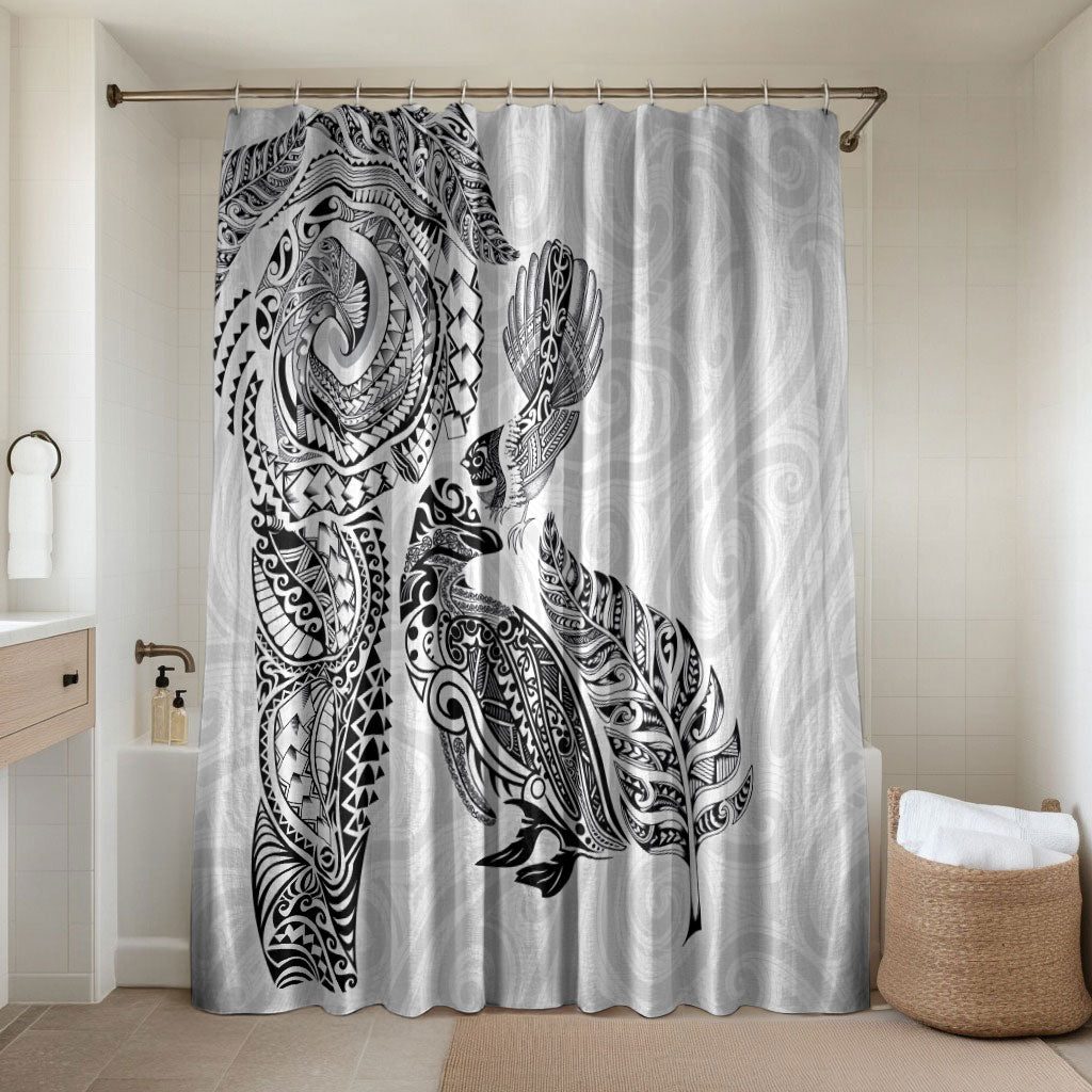 Aotearoa Moko Tribal Tattoo Bathroom Set New Zealand Maori Penguin and Fantail White Color LT03 Shower Curtain Only White - Polynesian Pride