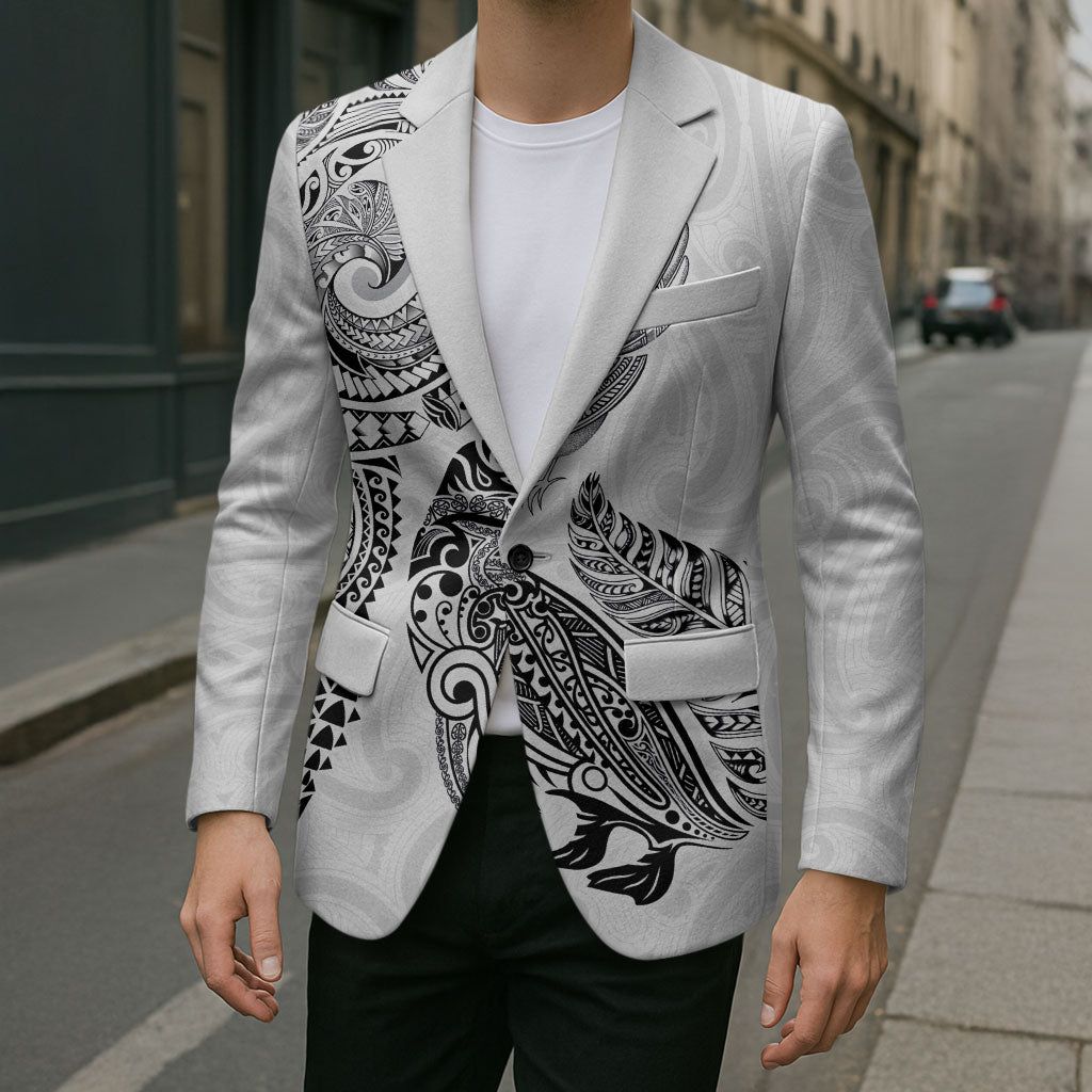Aotearoa Moko Tribal Tattoo Blazer New Zealand Maori Penguin and Fantail White Color