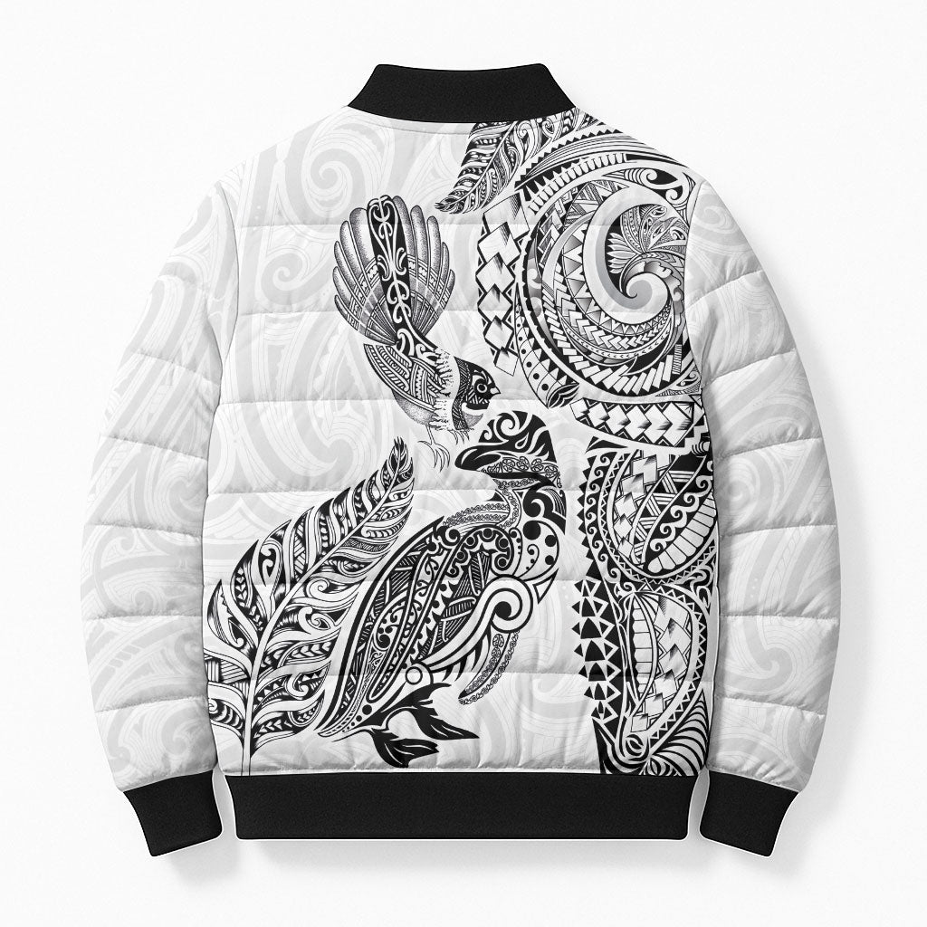 Aotearoa Moko Tribal Tattoo Bomber Puffer Jacket New Zealand Maori Penguin and Fantail White Color