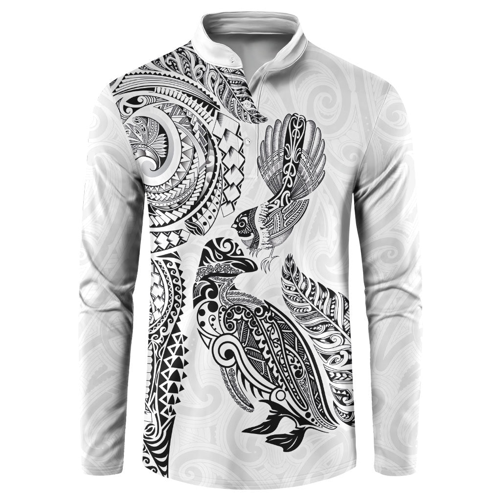 Aotearoa Moko Tribal Tattoo Button Sweatshirt New Zealand Maori Penguin and Fantail White Color