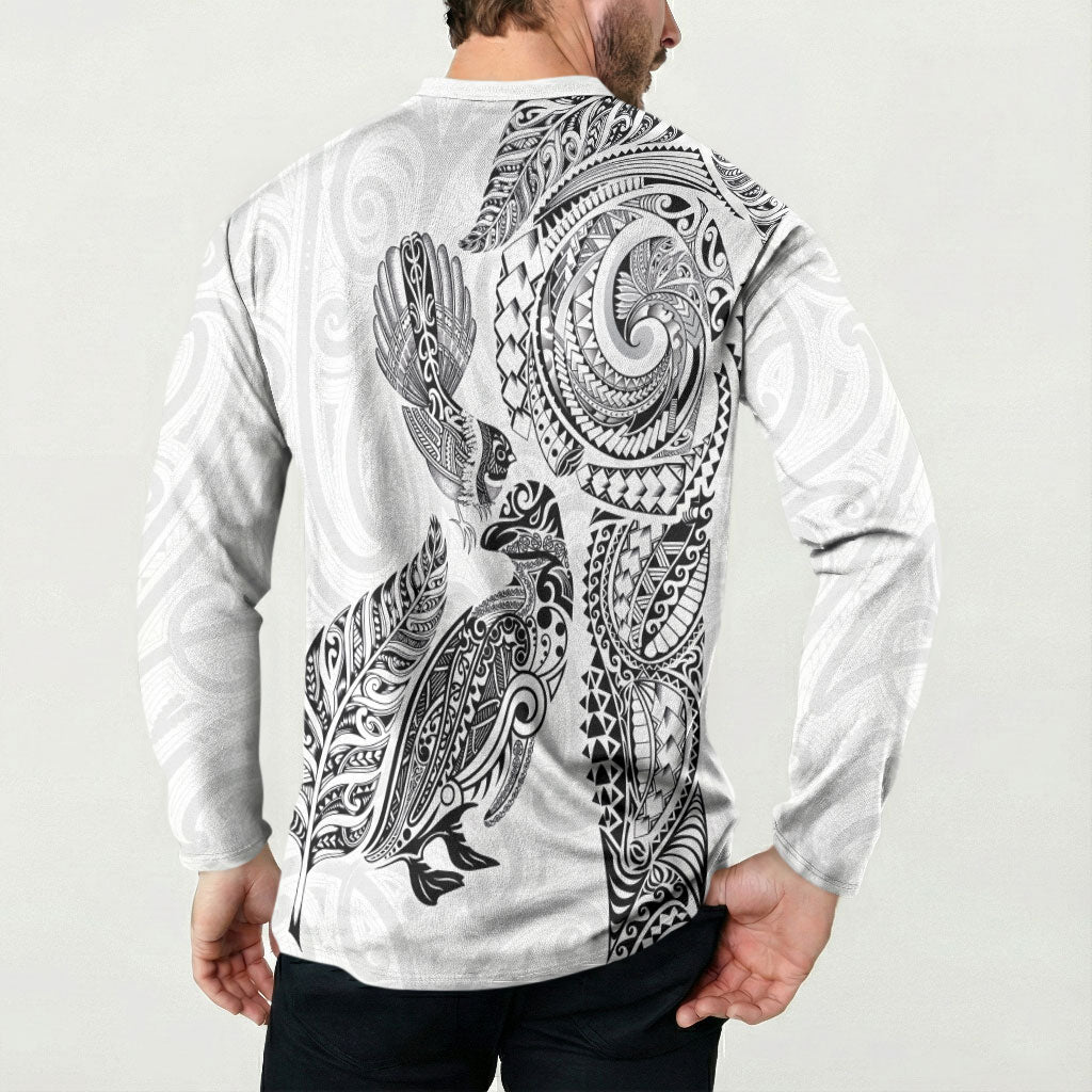 Aotearoa Moko Tribal Tattoo Button Sweatshirt New Zealand Maori Penguin and Fantail White Color