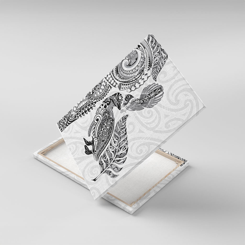 Aotearoa Moko Tribal Tattoo Canvas Wall Art New Zealand Maori Penguin and Fantail White Color