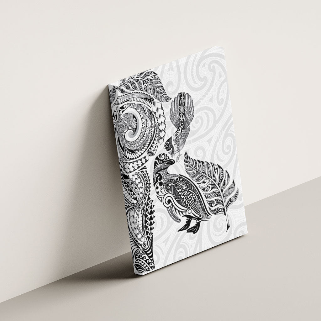 Aotearoa Moko Tribal Tattoo Canvas Wall Art New Zealand Maori Penguin and Fantail White Color