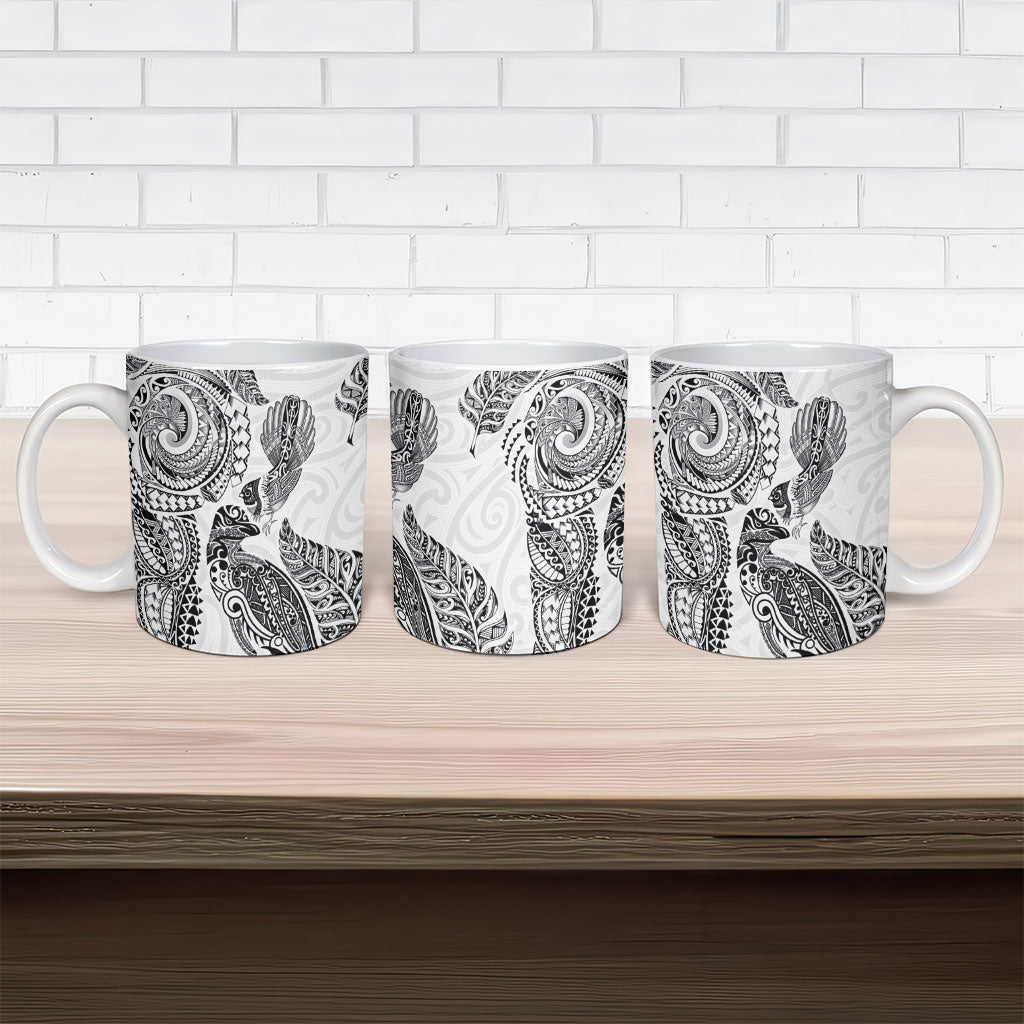 Aotearoa Moko Tribal Tattoo Ceramic Mug New Zealand Maori Penguin and Fantail White Color