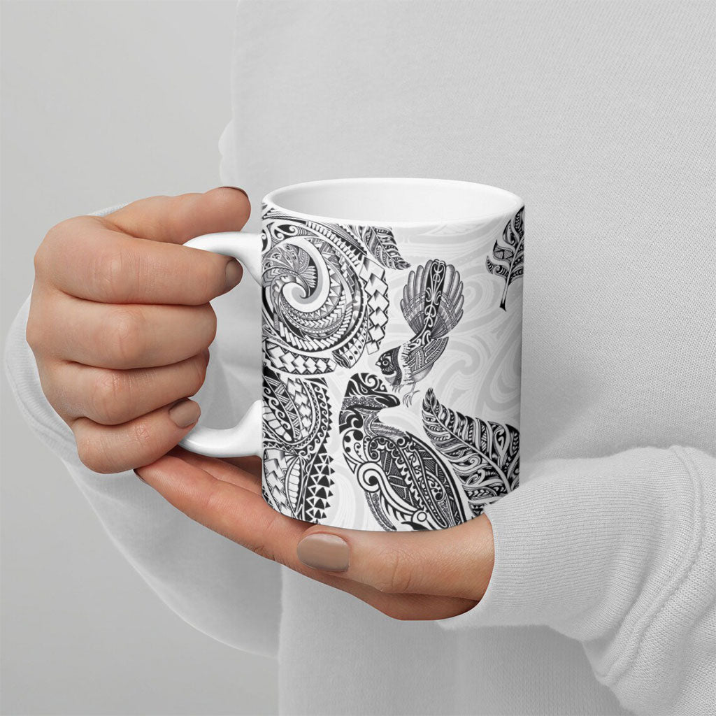 Aotearoa Moko Tribal Tattoo Ceramic Mug New Zealand Maori Penguin and Fantail White Color
