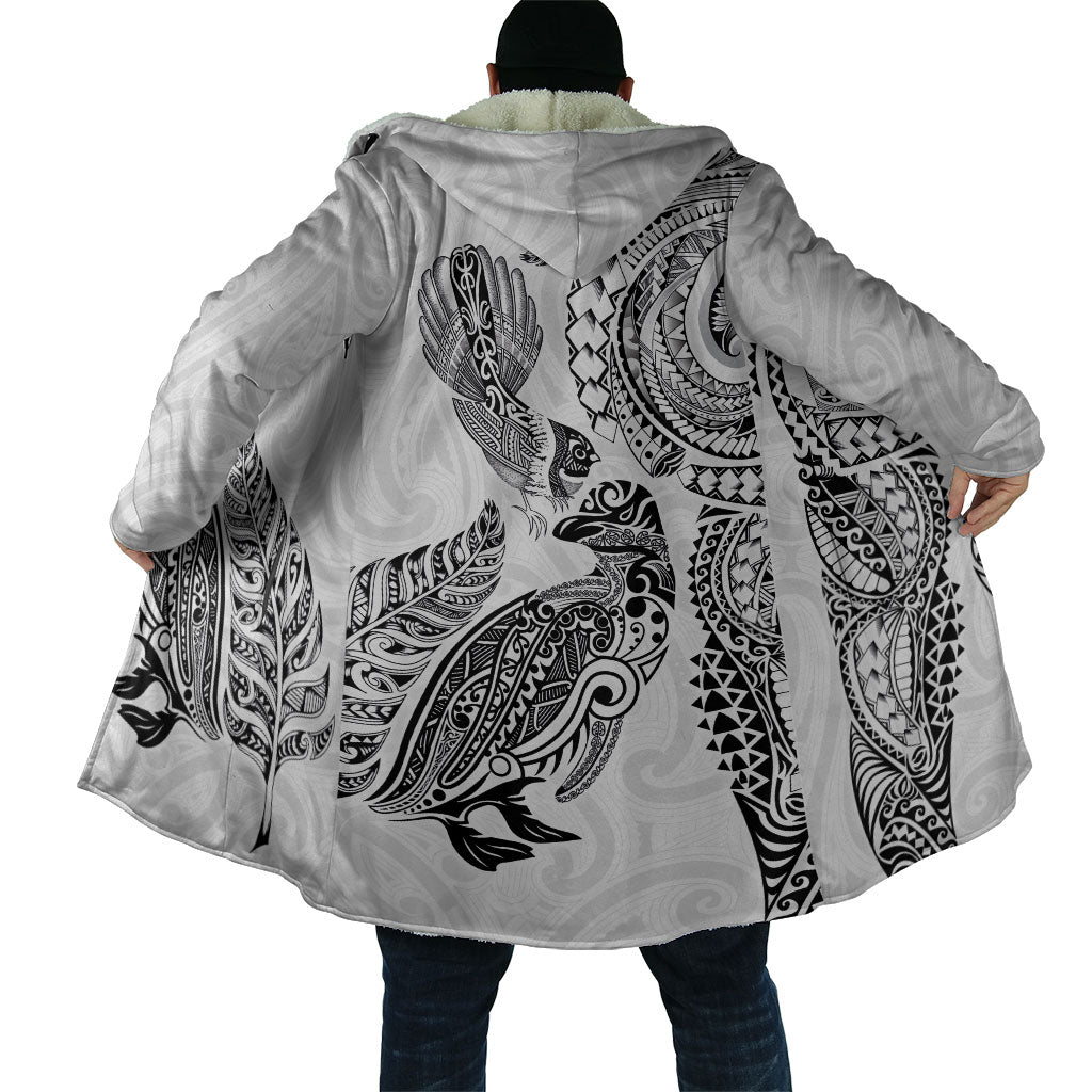Aotearoa Moko Tribal Tattoo Cloak New Zealand Maori Penguin and Fantail White Color