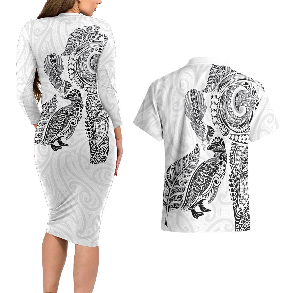 Aotearoa Moko Tribal Tattoo Couples Matching Long Sleeve Bodycon Dress and Hawaiian Shirt New Zealand Maori Penguin and Fantail White Color LT03 - Polynesian Pride