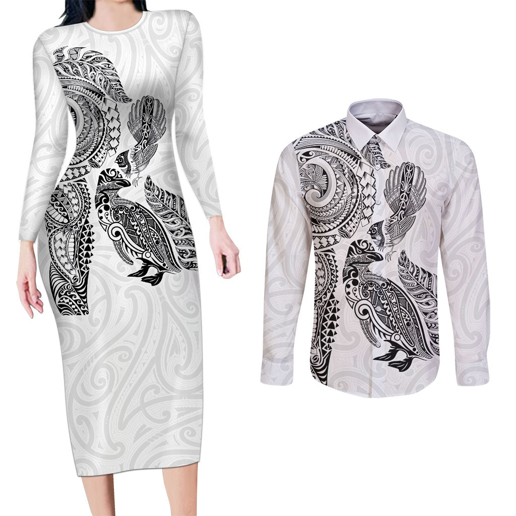 Aotearoa Moko Tribal Tattoo Couples Matching Long Sleeve Bodycon Dress and Long Sleeve Button Shirt New Zealand Maori Penguin and Fantail White Color