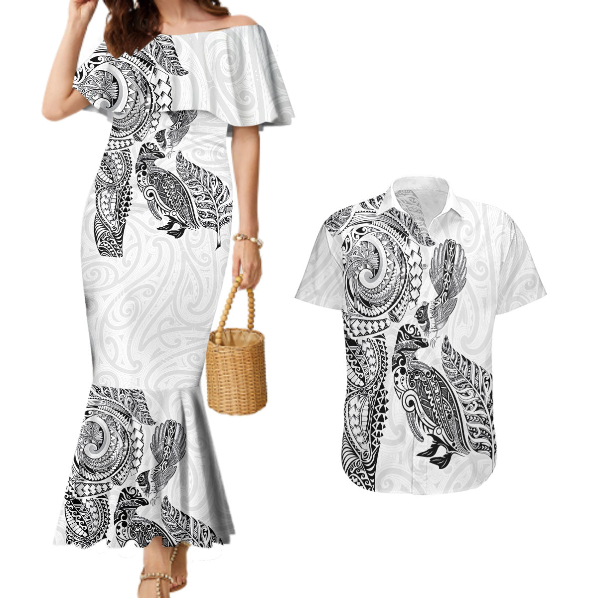 Aotearoa Moko Tribal Tattoo Couples Matching Mermaid Dress and Hawaiian Shirt New Zealand Maori Penguin and Fantail White Color