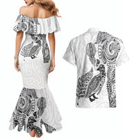 Aotearoa Moko Tribal Tattoo Couples Matching Mermaid Dress and Hawaiian Shirt New Zealand Maori Penguin and Fantail White Color