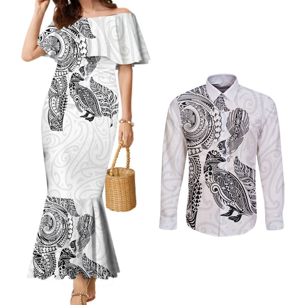 Aotearoa Moko Tribal Tattoo Couples Matching Mermaid Dress and Long Sleeve Button Shirt New Zealand Maori Penguin and Fantail White Color
