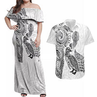 Aotearoa Moko Tribal Tattoo Couples Matching Off Shoulder Maxi Dress and Hawaiian Shirt New Zealand Maori Penguin and Fantail White Color