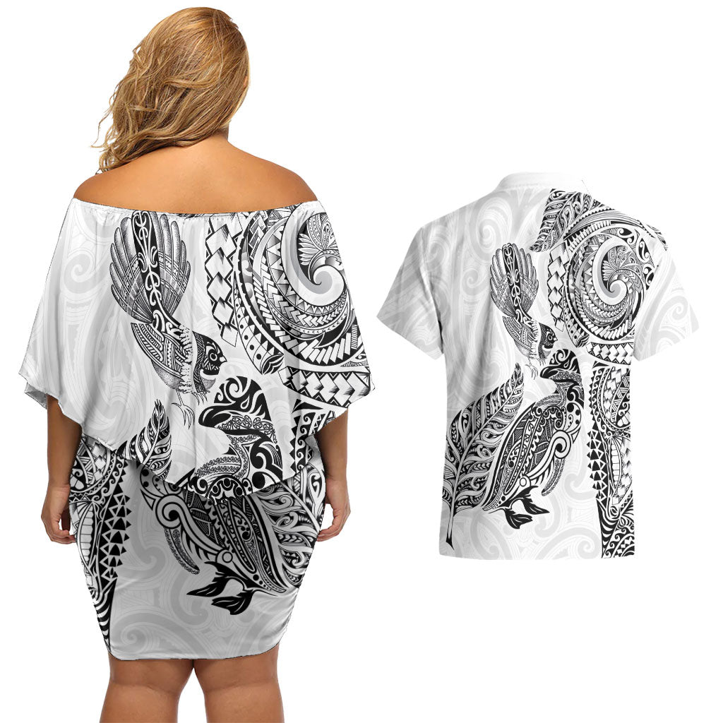 Aotearoa Moko Tribal Tattoo Couples Matching Off Shoulder Short Dress and Hawaiian Shirt New Zealand Maori Penguin and Fantail White Color