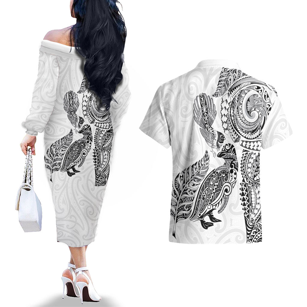 Aotearoa Moko Tribal Tattoo Couples Matching Off The Shoulder Long Sleeve Dress and Hawaiian Shirt New Zealand Maori Penguin and Fantail White Color