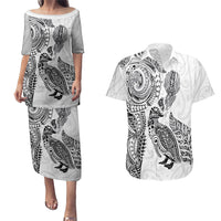 Aotearoa Moko Tribal Tattoo Couples Matching Puletasi and Hawaiian Shirt New Zealand Maori Penguin and Fantail White Color