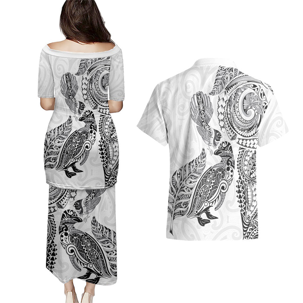 Aotearoa Moko Tribal Tattoo Couples Matching Puletasi and Hawaiian Shirt New Zealand Maori Penguin and Fantail White Color