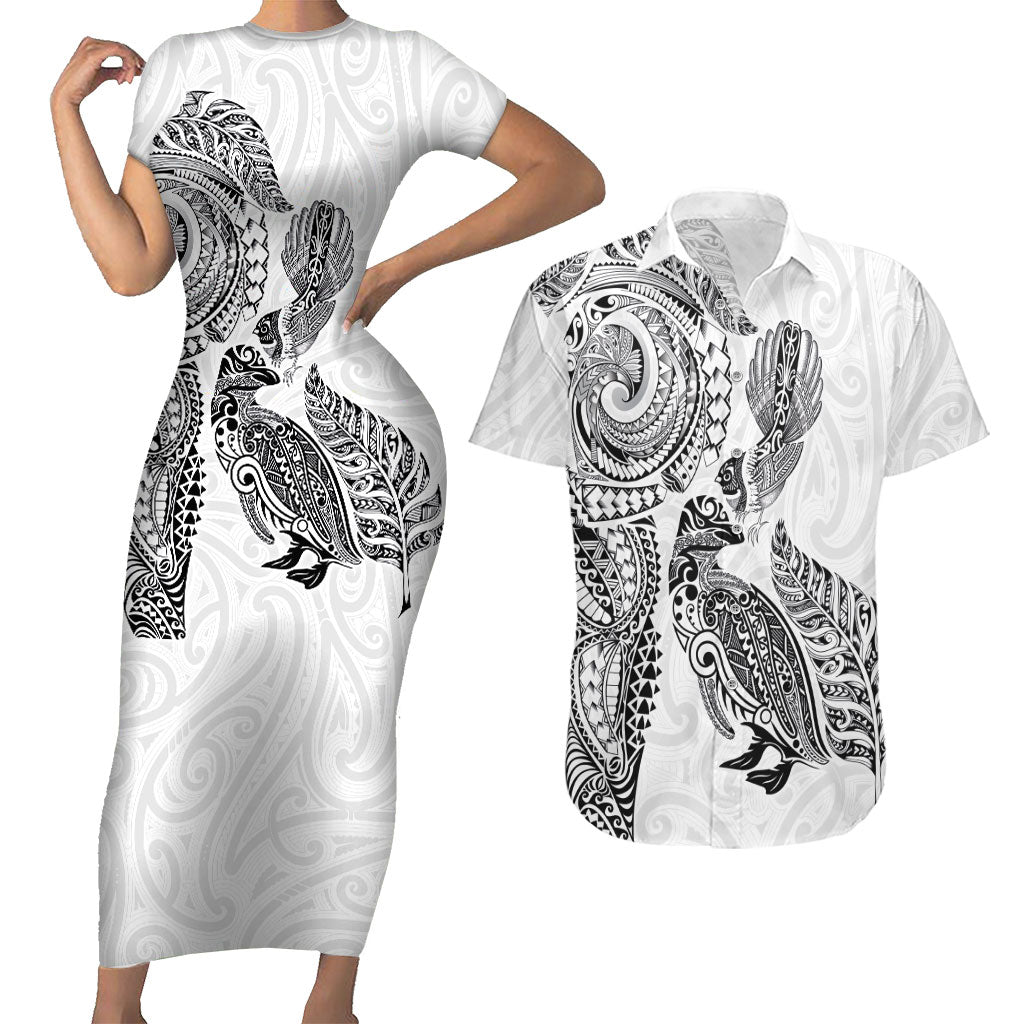 Aotearoa Moko Tribal Tattoo Couples Matching Short Sleeve Bodycon Dress and Hawaiian Shirt New Zealand Maori Penguin and Fantail White Color LT03 White - Polynesian Pride